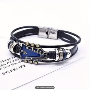 Vintage Guitar Head Bracelet Blue Accent – Leather Music Bracelet Rock Style